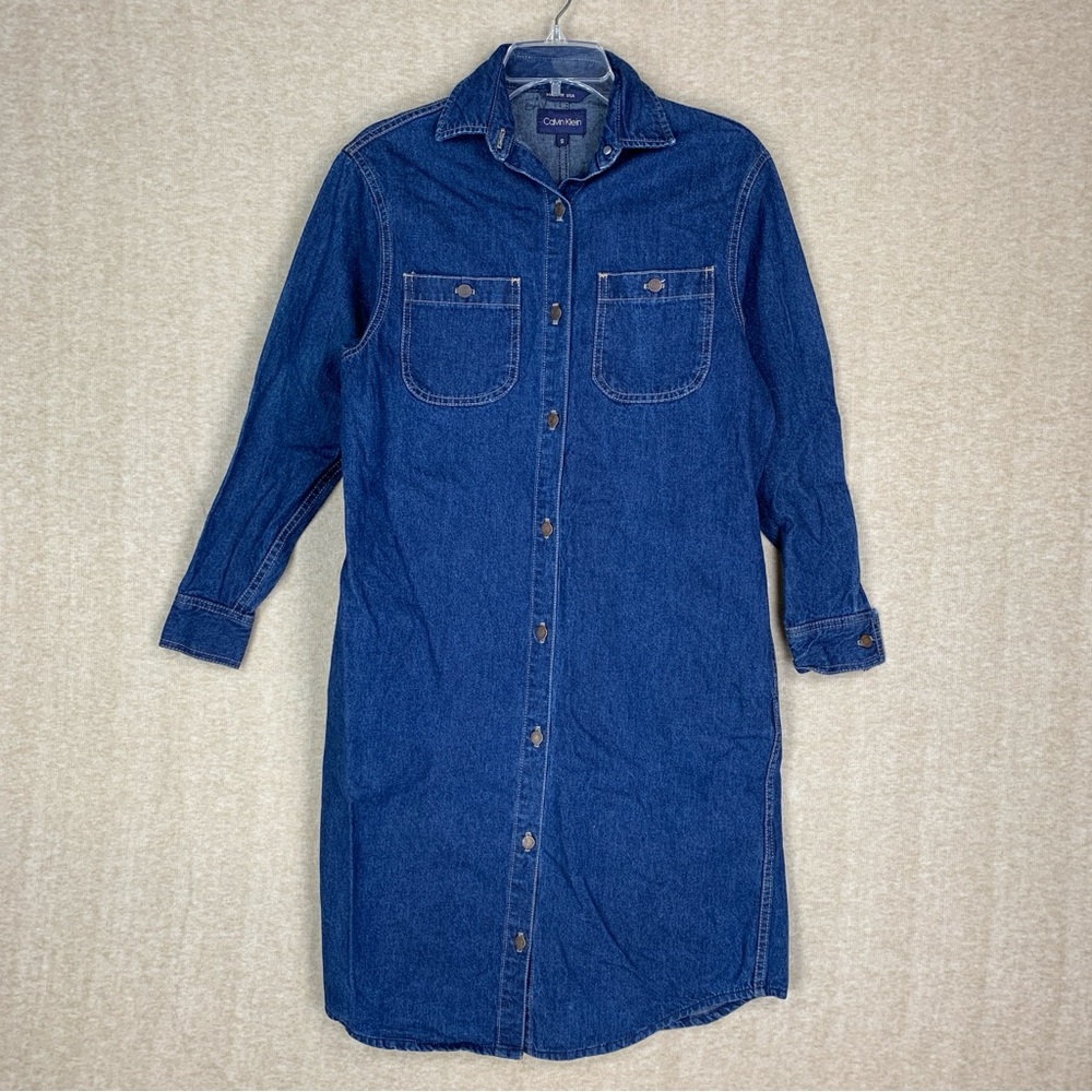 Vintage Calvin Klein Denim Dress S USA Womens Blue Jean Midi Y2K 90s Cottage  Sk